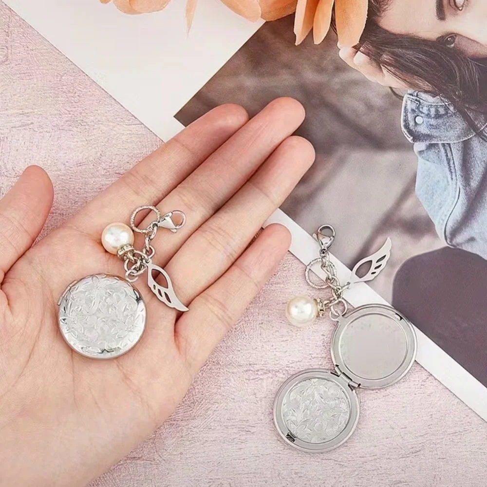 Locket Keychain Engraved Silver Photo with Pearl Charm Stainless Steel